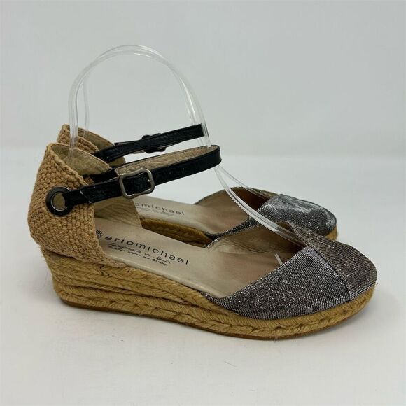 Eric Michael Silver Espadrille Ankle Strap Wedge Sandals Size 37 Summer Casual - Picture 6 of 13